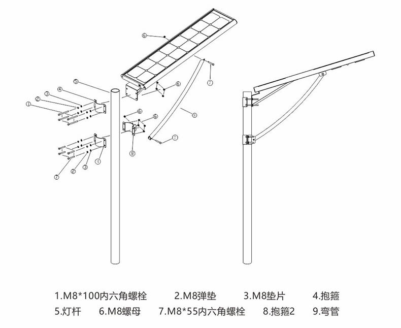 東莞七度照明抱箍式一體化LED太陽能路燈安裝示意圖