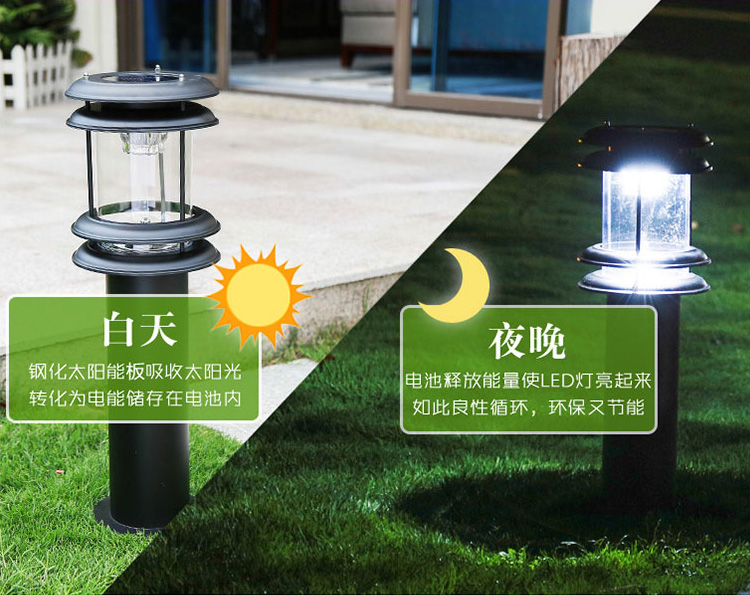 (QDTYN-CP003)60cm現(xiàn)代簡約花園太陽能草坪燈白天和夜間亮燈對比效果圖片