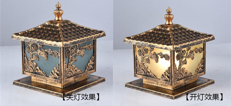 七度照明(QDZTD-006)仿古壓鑄鋁迎客松柱頭燈開關(guān)燈效果