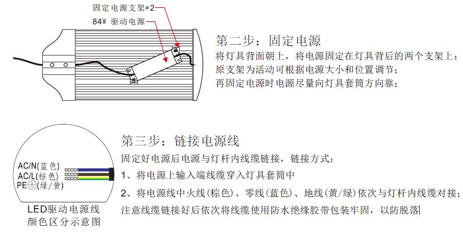 東莞七度照明W平板LED路燈頭安裝第二步固定電源及輸入線纜接線方式