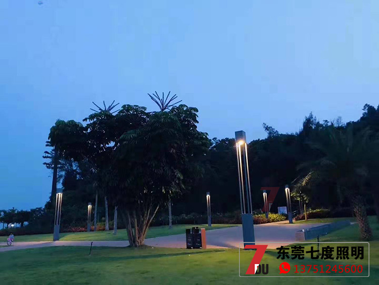 現(xiàn)代戶外園林LED庭院燈安裝效果夜景亮燈照片